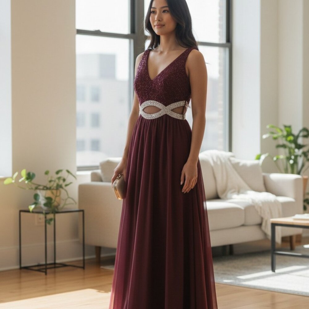 (D-101)Speechless Burgundy Long Evening Gown Size‎ 5 Sleeveless Rhinestone Waist